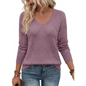 Zeagoo Womens Sweaters Fall Trendy Casual Long Sleeve Shirt Lightweight V Neck Off Shoulder Crochet Pullover Top Outfit(B-purple)