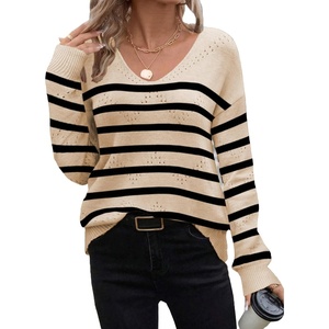Zeagoo Womens Sweaters Fall Trendy Casual Long Sleeve Shirt Lightweight V Neck Off Shoulder Crochet Pullover Top Outfit(F-apricot Sriped)