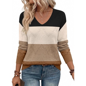 Zeagoo Womens Sweaters Fall Trendy Casual Long Sleeve Shirt Lightweight V Neck Off Shoulder Crochet Pullover Top Outfit(F-brown Colorblock)
