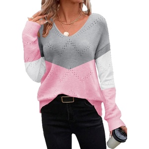 Zeagoo Womens Sweaters Fall Trendy Casual Long Sleeve Shirt Lightweight V Neck Off Shoulder Crochet Pullover Top Outfit(F-gray Pink)
