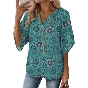Zeagoo Womens Tops 3/4 Sleeve V Neck Bohemian Blouses Casual Tunic(Blue Floral Mz858)