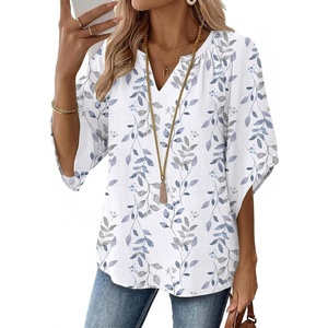 Zeagoo Womens Tops 3/4 Sleeve V Neck Bohemian Blouses Casual Tunic(Blue Leaf Sp106)