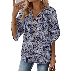 Zeagoo Womens Tops 3/4 Sleeve V Neck Bohemian Blouses Casual Tunic(Blue Pattern Mz473)