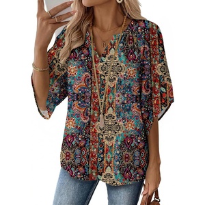 Zeagoo Womens Tops 3/4 Sleeve V Neck Bohemian Blouses Casual Tunic(Boho Multicolor Mz721)
