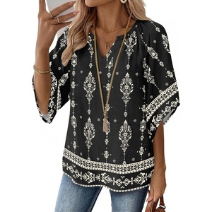 Zeagoo Womens Tops 3/4 Sleeve V Neck Bohemian Blouses Casual Tunic(Multi Black Mz921)