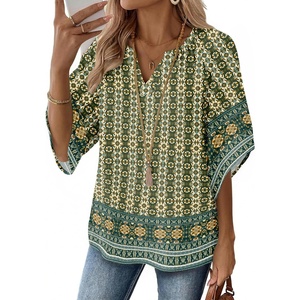 Zeagoo Womens Tops 3/4 Sleeve V Neck Bohemian Blouses Casual Tunic(Multi Blue Mz925)