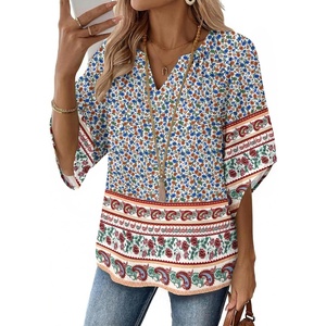 Zeagoo Womens Tops 3/4 Sleeve V Neck Bohemian Blouses Casual Tunic(Multi Floral Mz914)