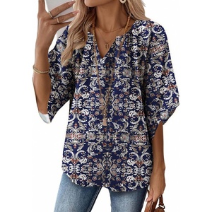 Zeagoo Womens Tops 3/4 Sleeve V Neck Bohemian Blouses Casual Tunic(Navy Floral Mz869)