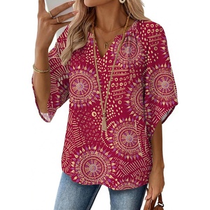 Zeagoo Womens Tops 3/4 Sleeve V Neck Bohemian Blouses Casual Tunic(Pink Boho Cx320)