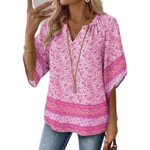 Zeagoo Womens Tops 3/4 Sleeve V Neck Bohemian Blouses Casual Tunic(Pink Floral Mz744)