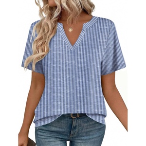 Zeagoo Womens Tops Short Sleeve V Neck Tee Shirts Cute Dressy Casual(Blue and White Stripes Tz273)