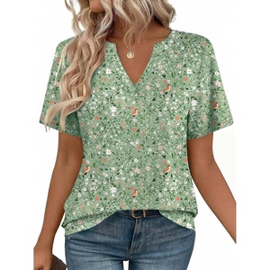Zeagoo Womens Tops Short Sleeve V Neck Tee Shirts Cute Dressy Casual(Green Flowers Xh534)