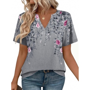 Zeagoo Womens Tops Short Sleeve V Neck Tee Shirts Cute Dressy Casual(Grey Flower Hf36)