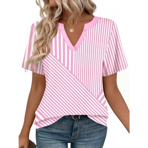 Zeagoo Womens Tops Short Sleeve V Neck Tee Shirts Cute Dressy Casual(Pink and White Stripes Tz300)