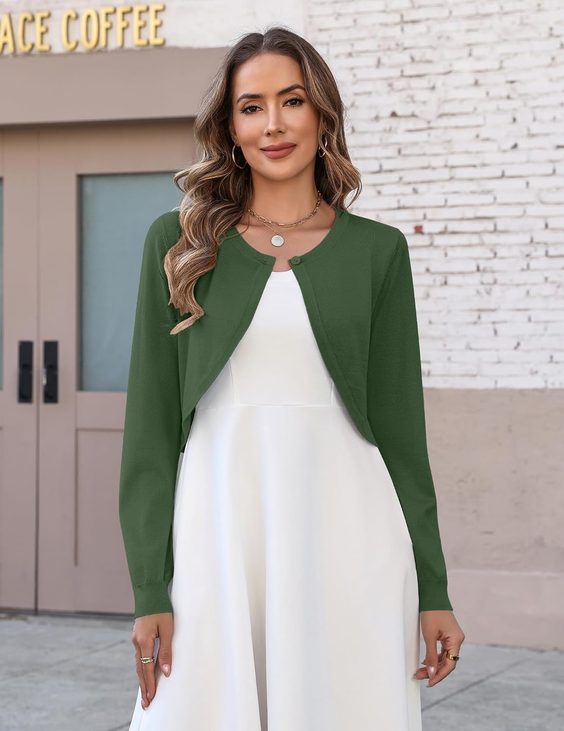 image:imageZeagoo Cropped Cardigan Sweaters for Women Long Sleeve Shrug for DressesArmy Green