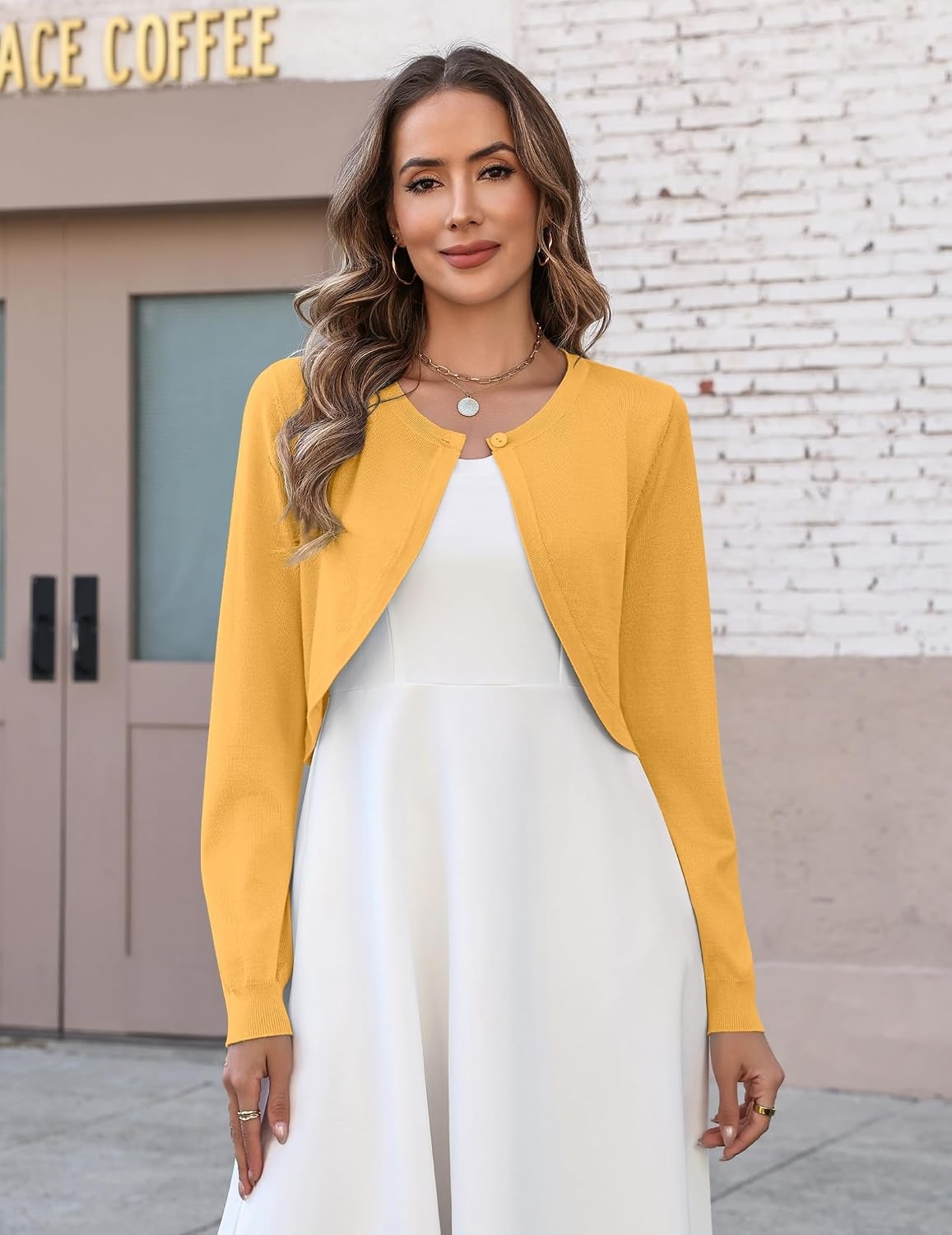 image:imageZeagoo Cropped Cardigan Sweaters for Women Long Sleeve Shrug for DressesYellow