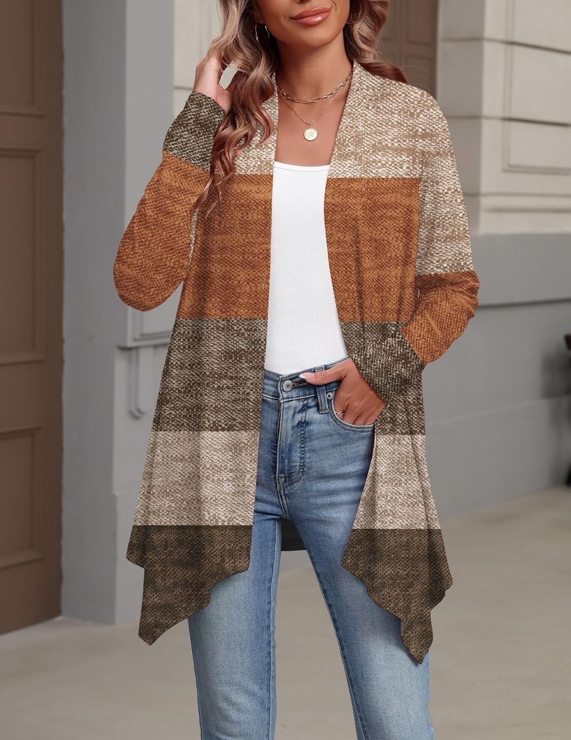 image:imageZeagoo Lightweight Cardigan for Women Long Sleeve Open Front CardigansColor Blockingjh398