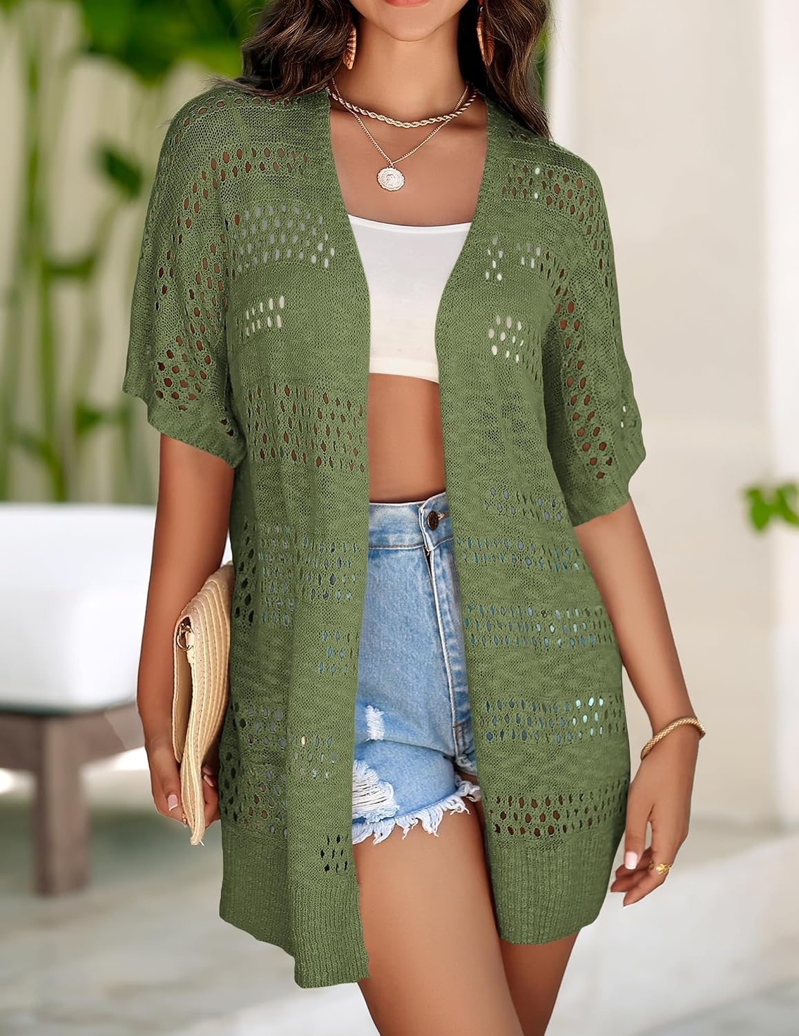 image:imageZeagoo Lightweight Summer Crochet Cardigan for WomenArmy Green
