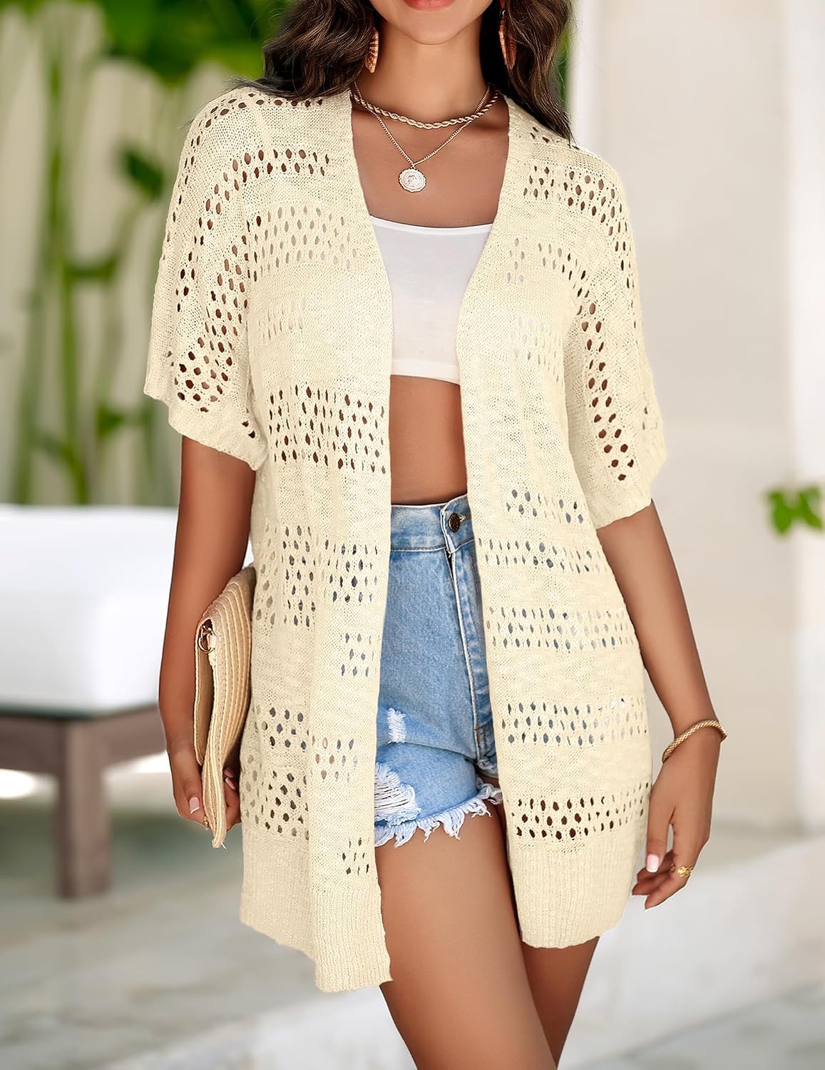 image:imageZeagoo Lightweight Summer Crochet Cardigan for WomenCream Beige