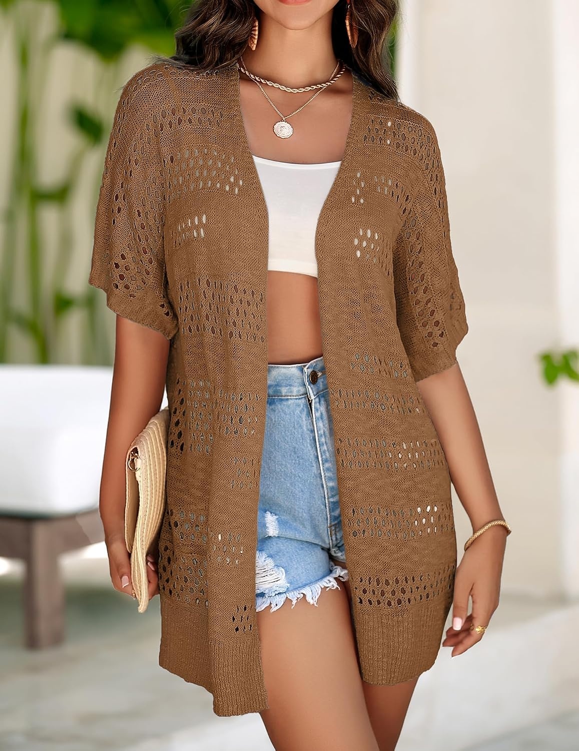 image:imageZeagoo Lightweight Summer Crochet Cardigan for WomenDark Brown