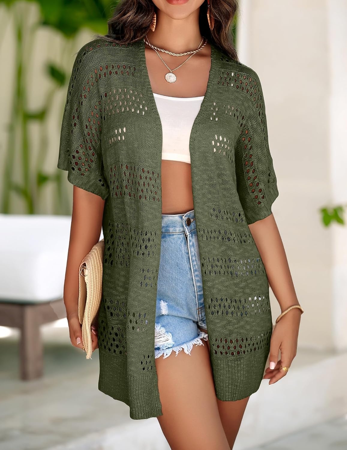 image:imageZeagoo Lightweight Summer Crochet Cardigan for WomenDark Green