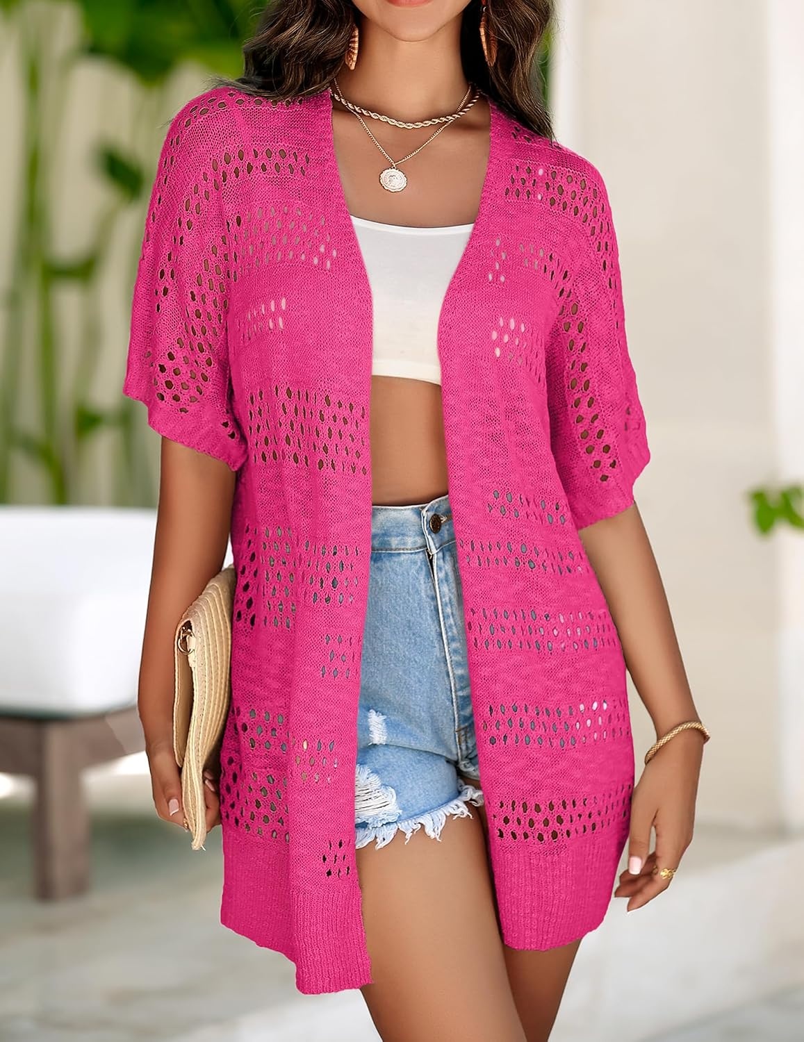 image:imageZeagoo Lightweight Summer Crochet Cardigan for WomenHot Pink