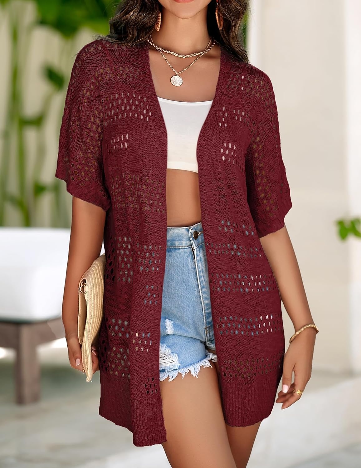 image:imageZeagoo Lightweight Summer Crochet Cardigan for WomenWine Red