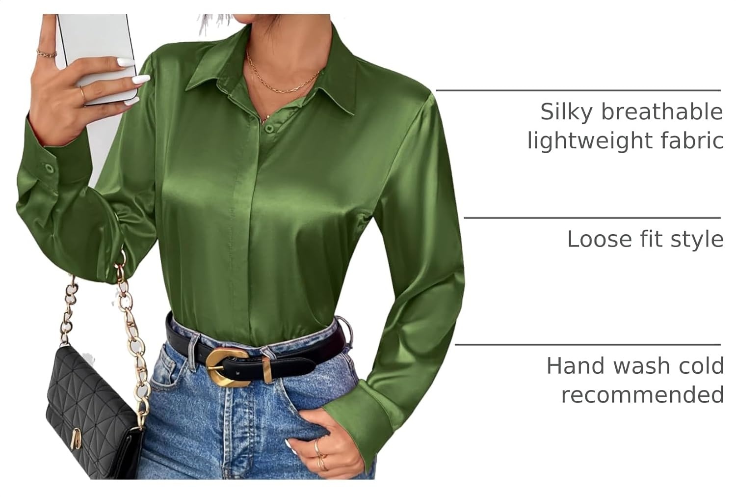 image:imageZeagoo Satin Blouses for Women Casual Long Sleeve Button Down Silk Shirts Dressy Business Work Tunic TopArmy Green