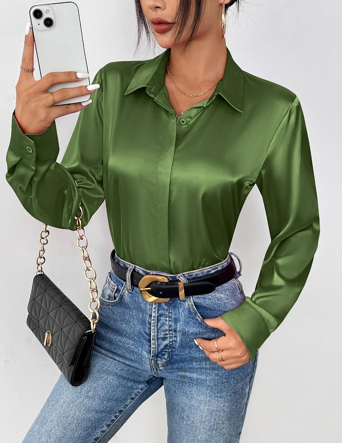 image:imageZeagoo Satin Blouses for Women Casual Long Sleeve Button Down Silk Shirts Dressy Business Work Tunic TopArmy Green
