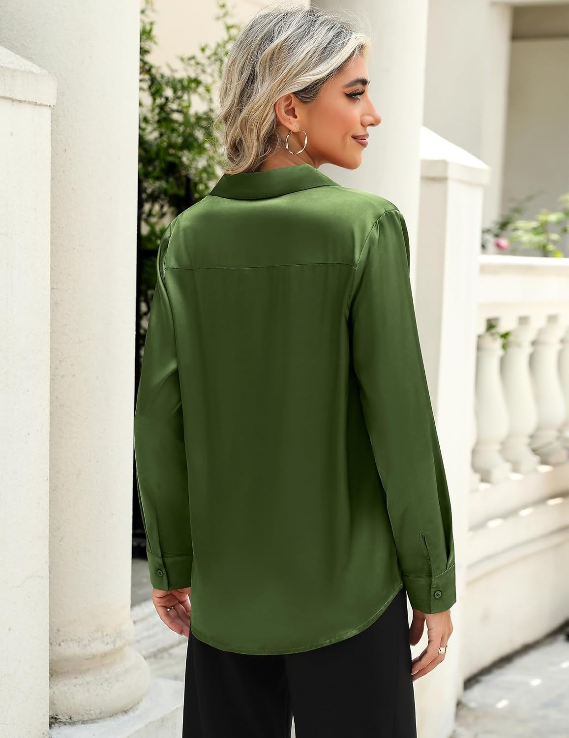 image:imageZeagoo Satin Blouses for Women Casual Long Sleeve Button Down Silk Shirts Dressy Business Work Tunic TopArmy Green