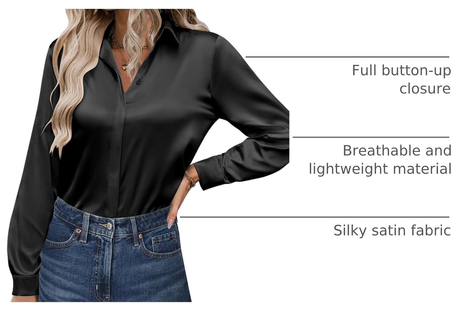 image:imageZeagoo Satin Blouses for Women Casual Long Sleeve Button Down Silk Shirts Dressy Business Work Tunic TopBlack