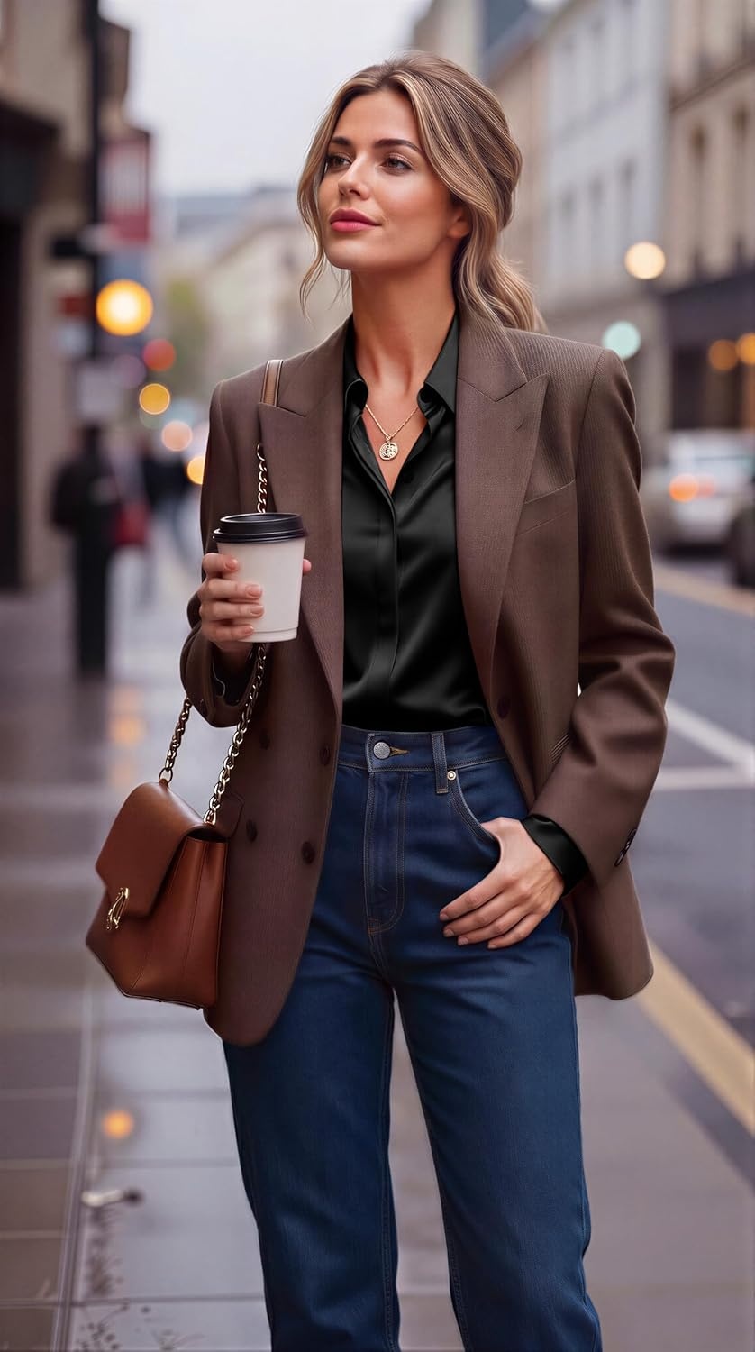 image:imageZeagoo Satin Blouses for Women Casual Long Sleeve Button Down Silk Shirts Dressy Business Work Tunic TopBlack