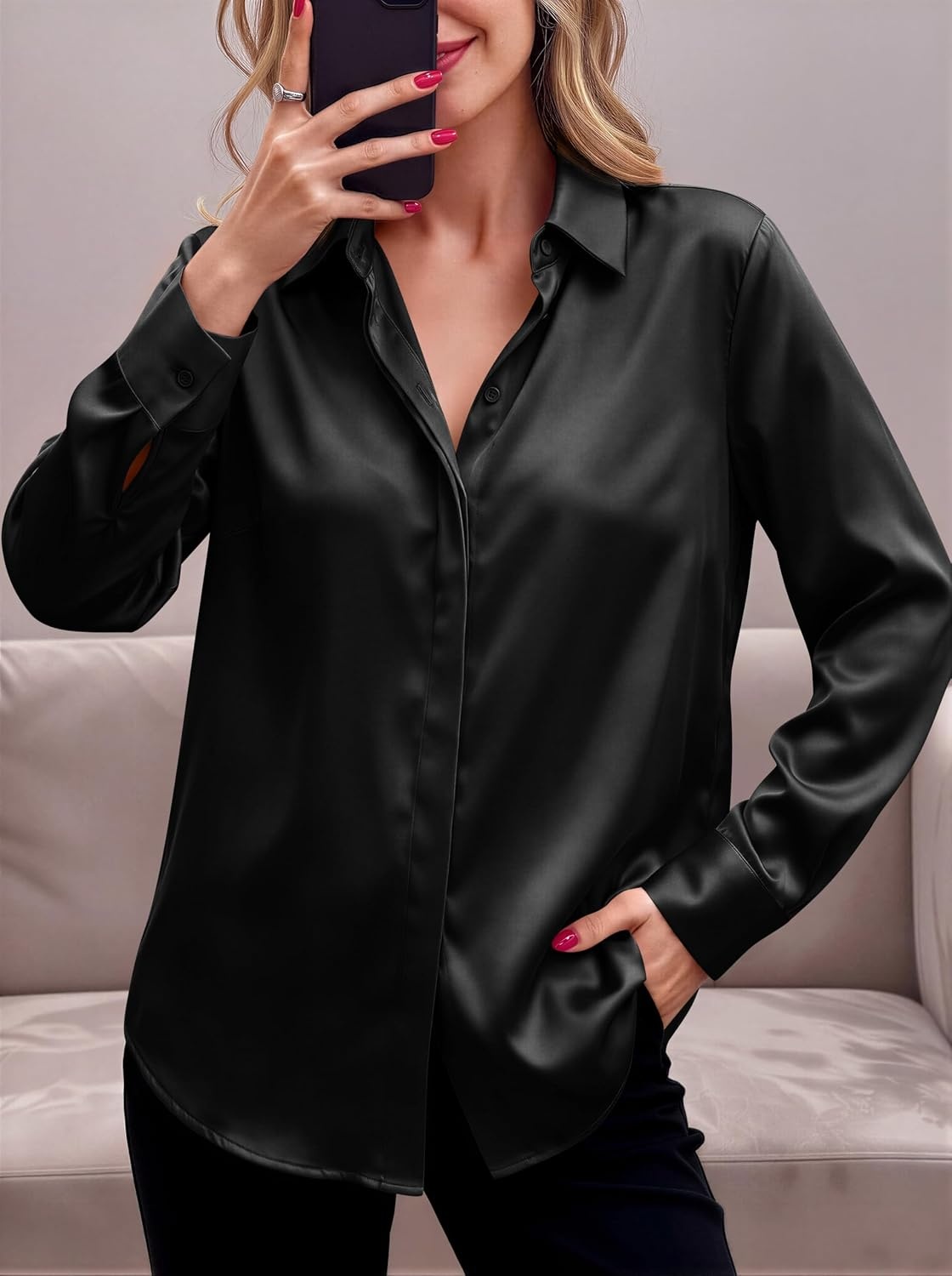 image:imageZeagoo Satin Blouses for Women Casual Long Sleeve Button Down Silk Shirts Dressy Business Work Tunic TopBlack