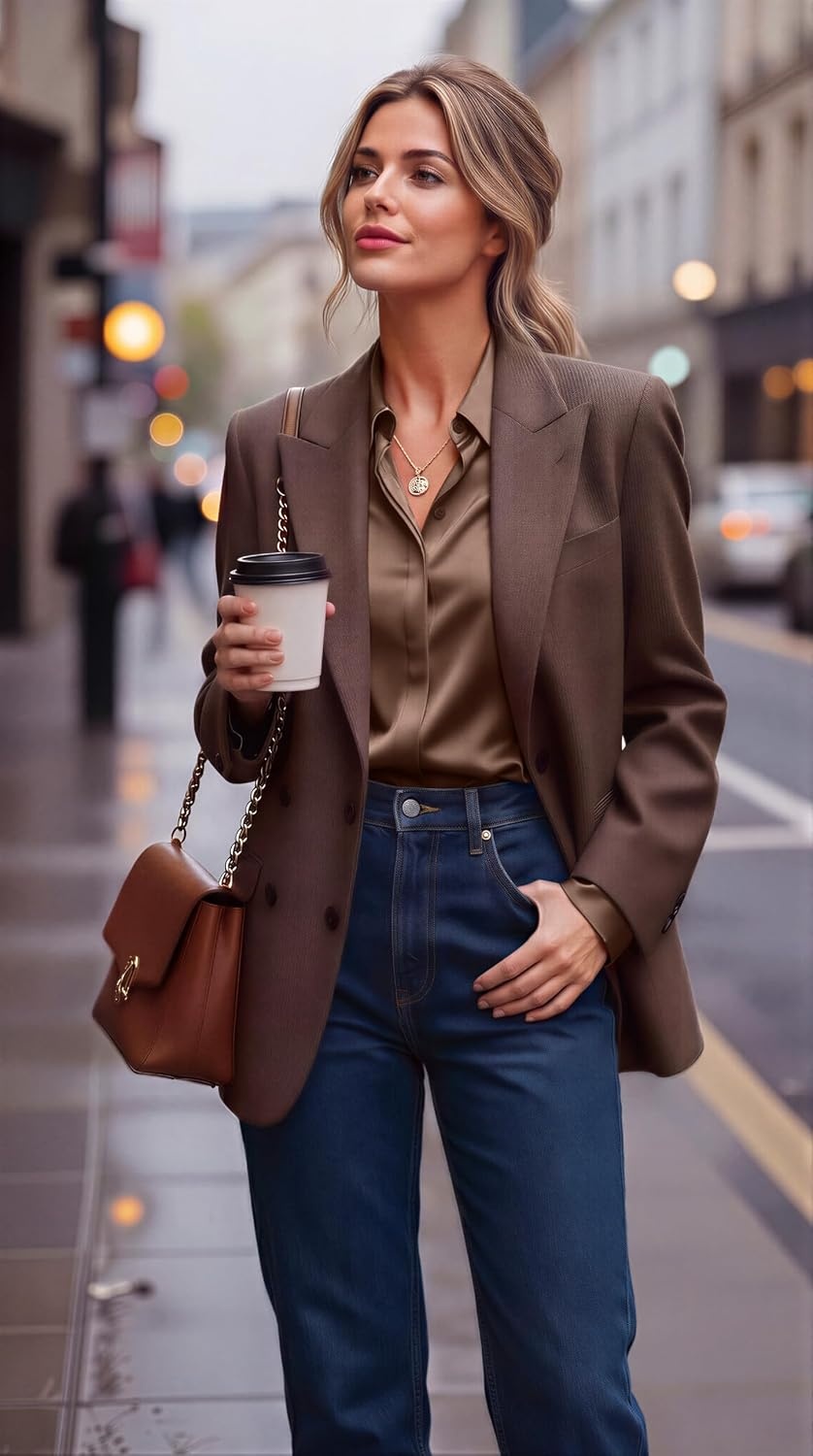 image:imageZeagoo Satin Blouses for Women Casual Long Sleeve Button Down Silk Shirts Dressy Business Work Tunic TopBrown