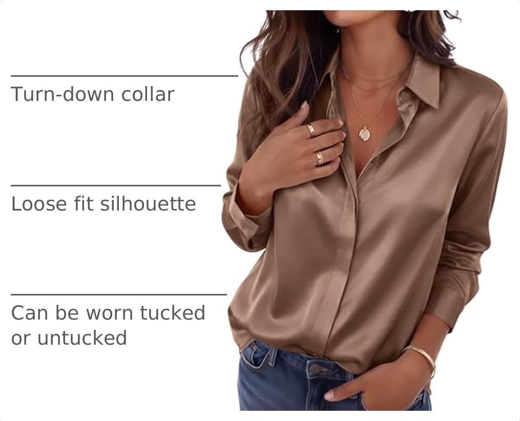 image:imageZeagoo Satin Blouses for Women Casual Long Sleeve Button Down Silk Shirts Dressy Business Work Tunic TopBrown