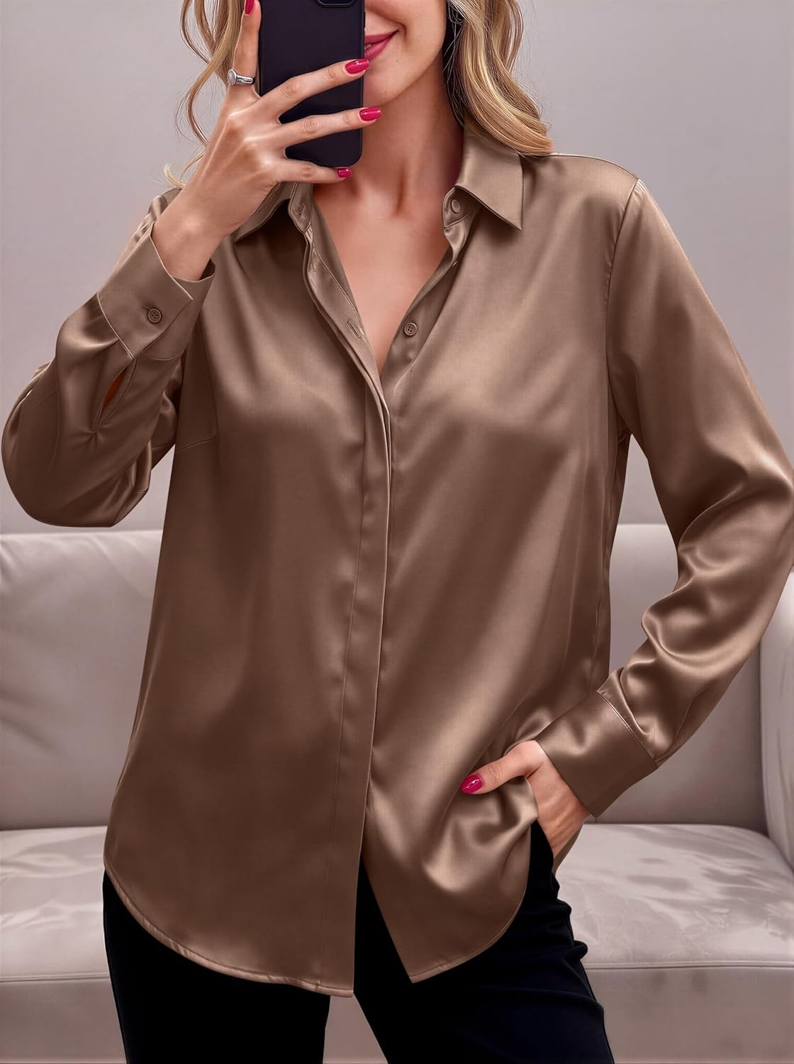 image:imageZeagoo Satin Blouses for Women Casual Long Sleeve Button Down Silk Shirts Dressy Business Work Tunic TopBrown