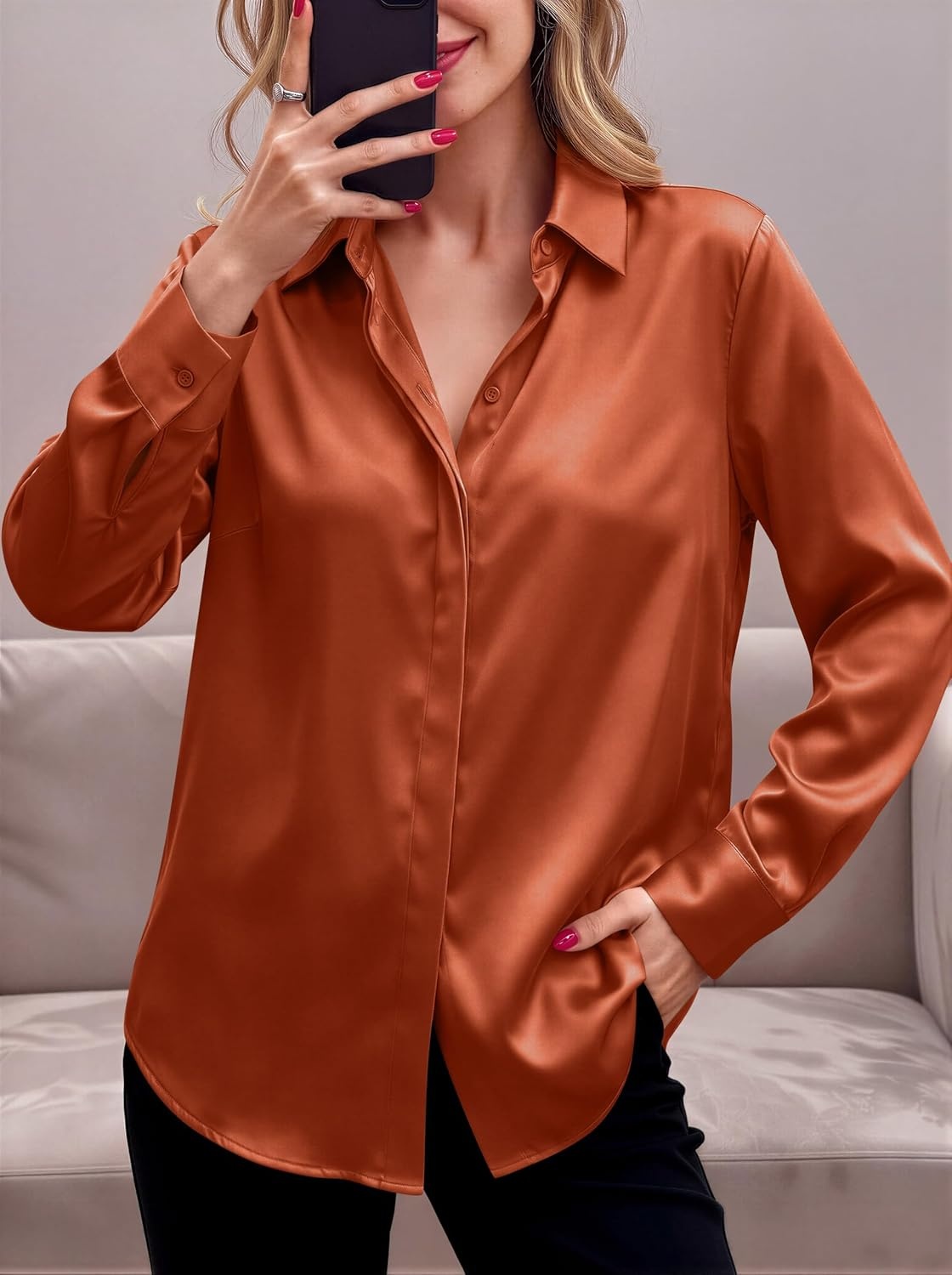 image:imageZeagoo Satin Blouses for Women Casual Long Sleeve Button Down Silk Shirts Dressy Business Work Tunic TopCaramel