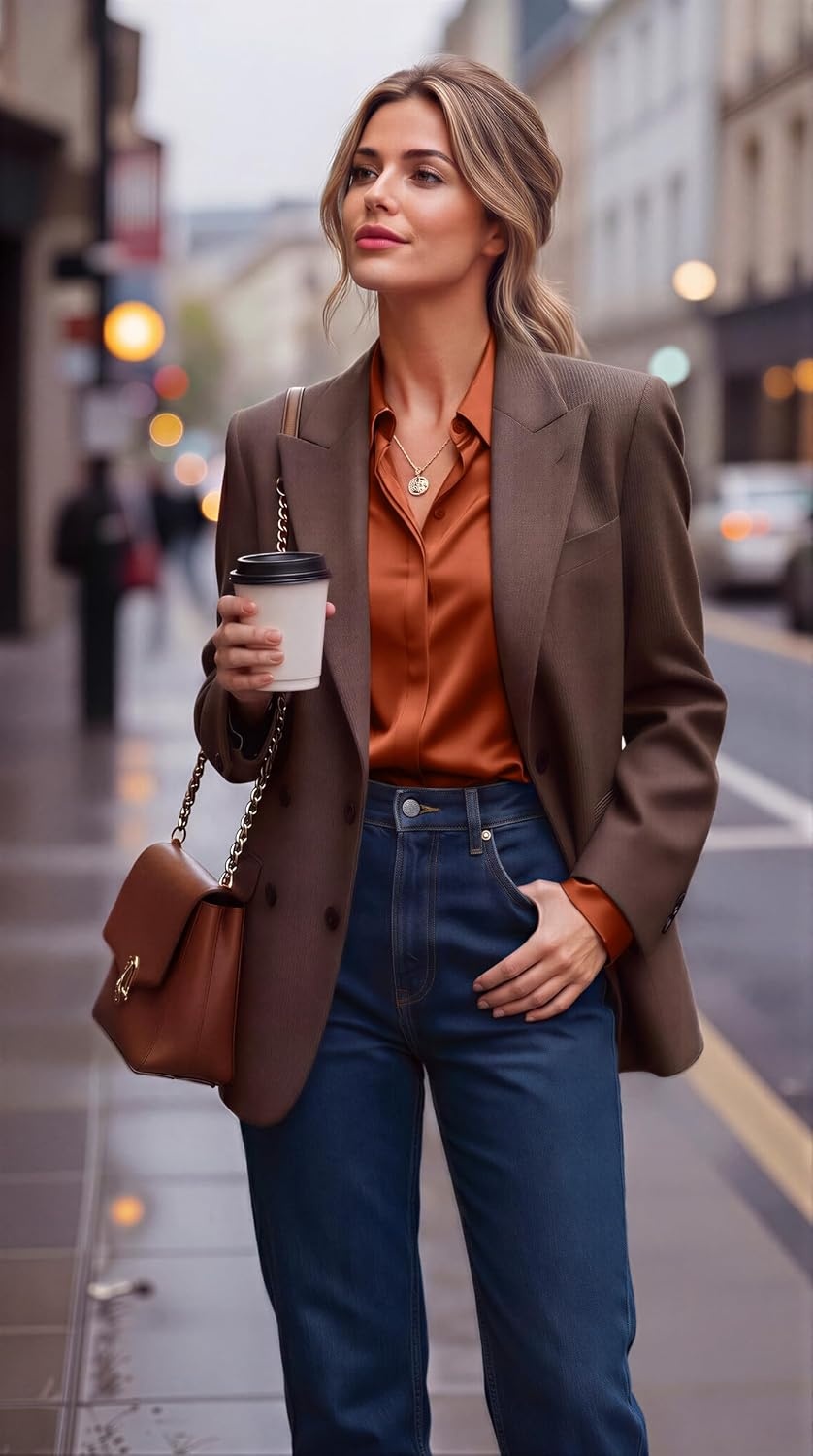 image:imageZeagoo Satin Blouses for Women Casual Long Sleeve Button Down Silk Shirts Dressy Business Work Tunic TopCaramel