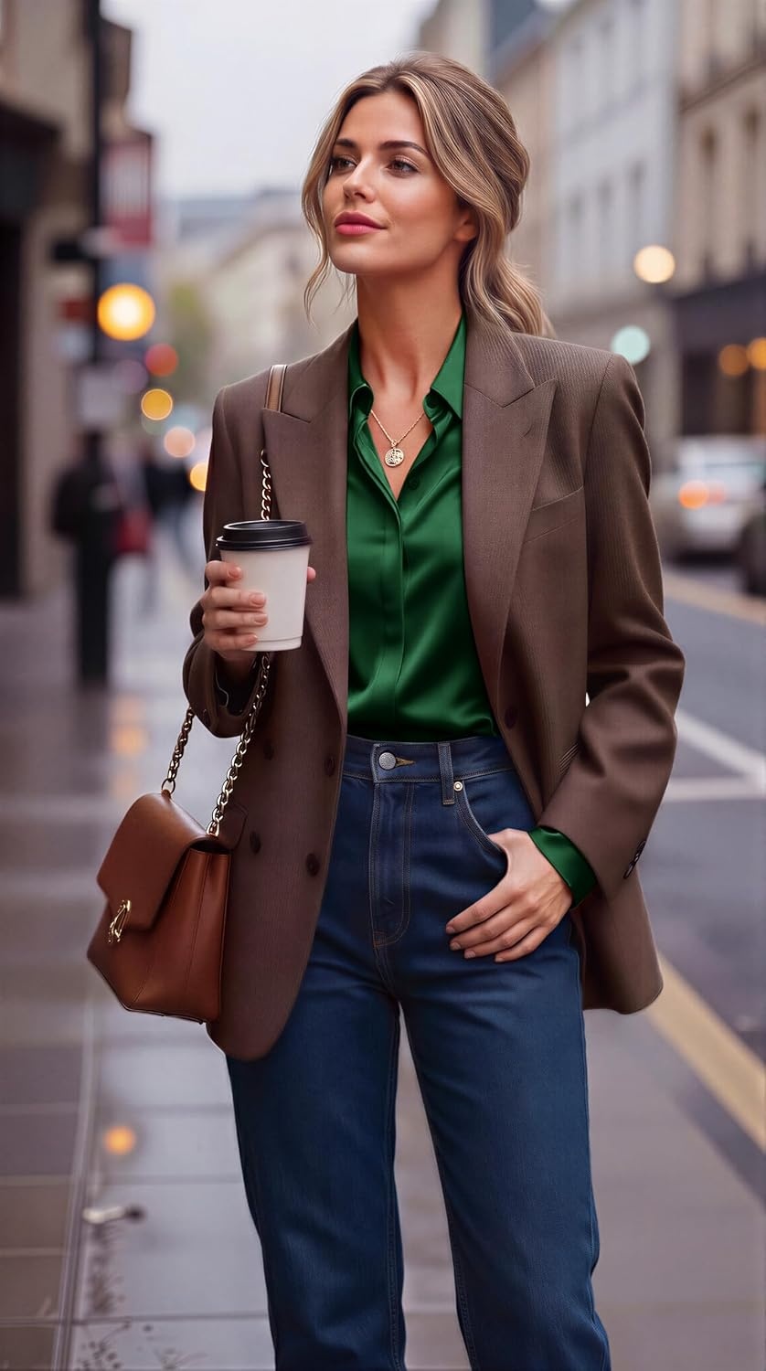 image:imageZeagoo Satin Blouses for Women Casual Long Sleeve Button Down Silk Shirts Dressy Business Work Tunic TopGreen