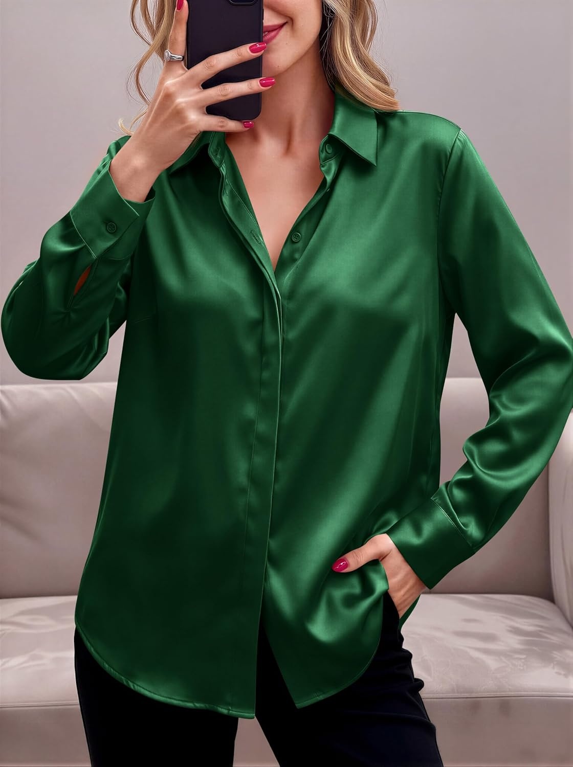image:imageZeagoo Satin Blouses for Women Casual Long Sleeve Button Down Silk Shirts Dressy Business Work Tunic TopGreen
