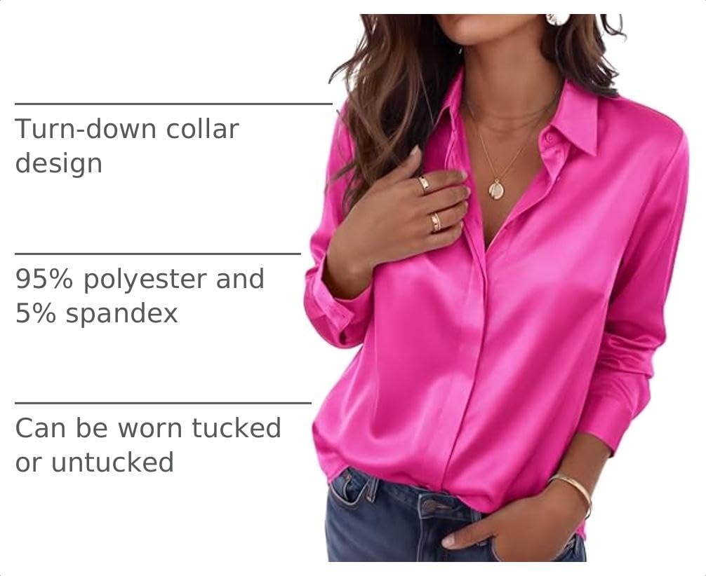 image:imageZeagoo Satin Blouses for Women Casual Long Sleeve Button Down Silk Shirts Dressy Business Work Tunic TopHot Pink