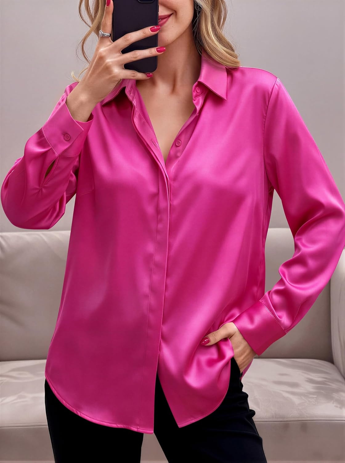 image:imageZeagoo Satin Blouses for Women Casual Long Sleeve Button Down Silk Shirts Dressy Business Work Tunic TopHot Pink
