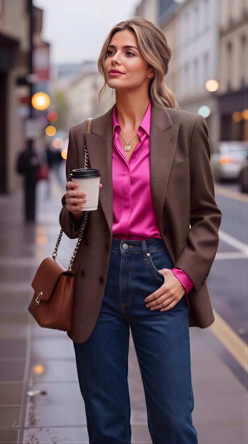 image:imageZeagoo Satin Blouses for Women Casual Long Sleeve Button Down Silk Shirts Dressy Business Work Tunic TopHot Pink