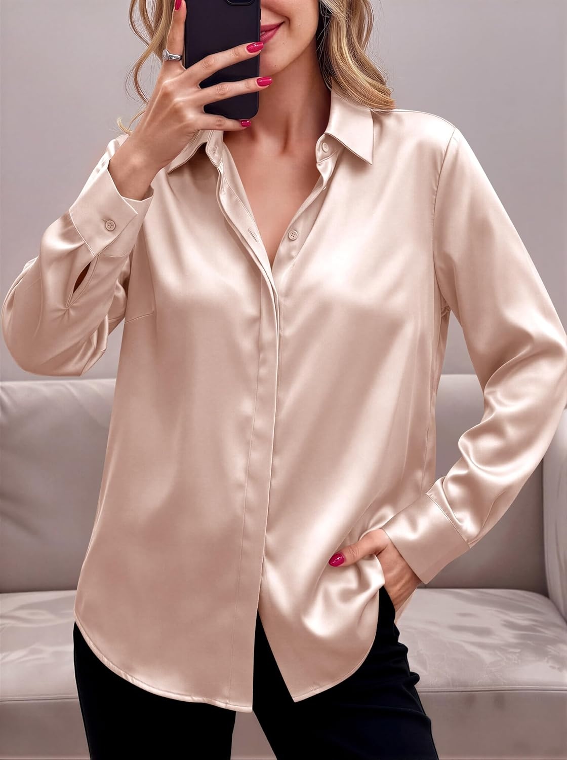 image:imageZeagoo Satin Blouses for Women Casual Long Sleeve Button Down Silk Shirts Dressy Business Work Tunic TopKhaki