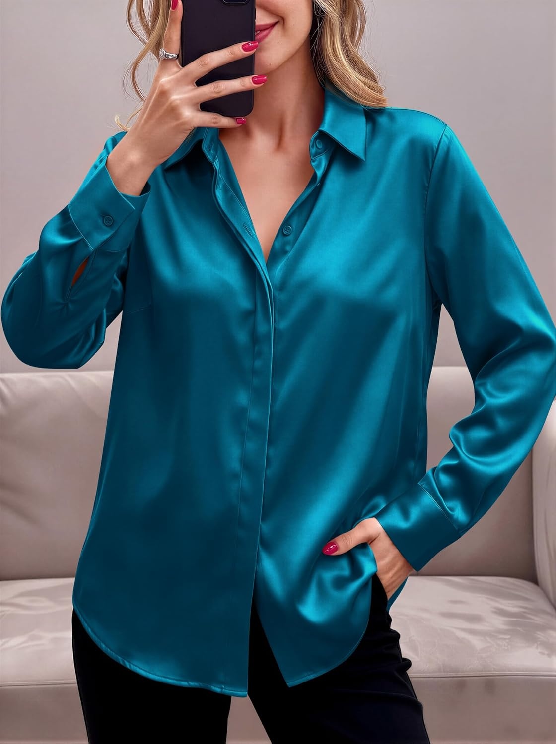 image:imageZeagoo Satin Blouses for Women Casual Long Sleeve Button Down Silk Shirts Dressy Business Work Tunic TopLake Blue