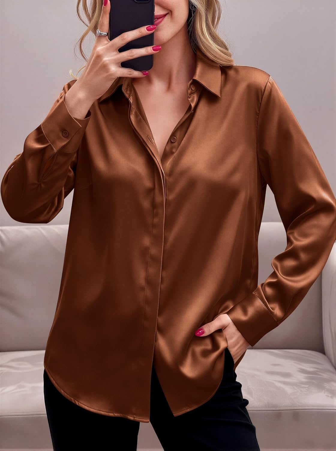 image:imageZeagoo Satin Blouses for Women Casual Long Sleeve Button Down Silk Shirts Dressy Business Work Tunic TopLight Brown