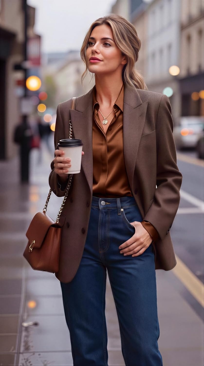 image:imageZeagoo Satin Blouses for Women Casual Long Sleeve Button Down Silk Shirts Dressy Business Work Tunic TopLight Brown
