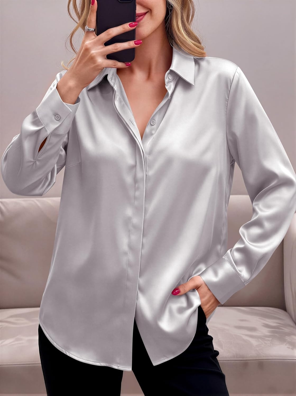image:imageZeagoo Satin Blouses for Women Casual Long Sleeve Button Down Silk Shirts Dressy Business Work Tunic TopLight Grey