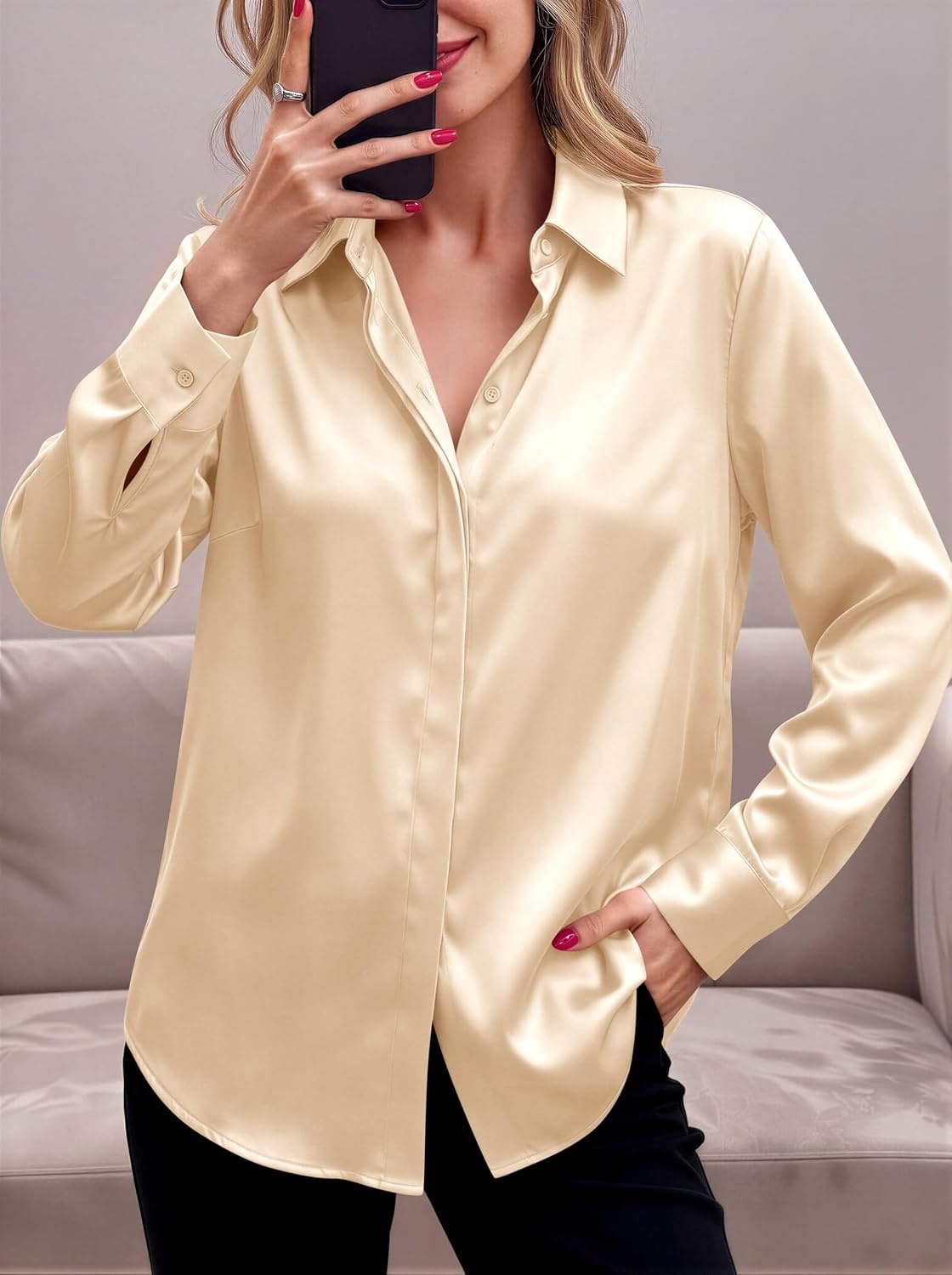 image:imageZeagoo Satin Blouses for Women Casual Long Sleeve Button Down Silk Shirts Dressy Business Work Tunic TopLight Khaki
