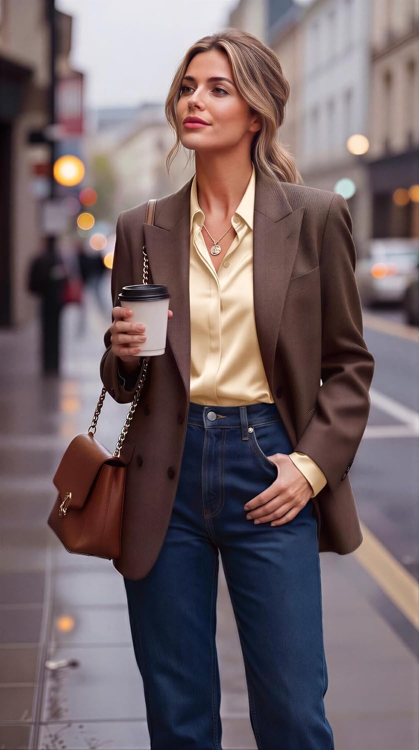 image:imageZeagoo Satin Blouses for Women Casual Long Sleeve Button Down Silk Shirts Dressy Business Work Tunic TopLight Khaki